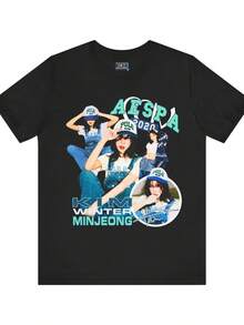 aeesspa- T-shirt graphique vintage, T-shirt à manches courtes à imprimé artistique, T-shirt blanc, T-shirt de mode rétro K-pop pour fans - Noir - Voir 1