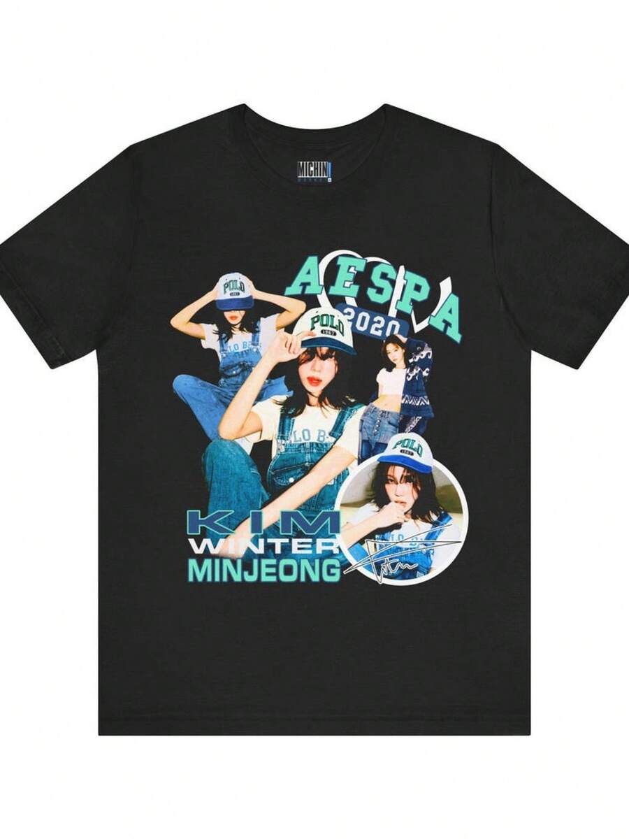 aeesspa- T-shirt graphique vintage, T-shirt à manches courtes à imprimé artistique, T-shirt blanc, T-shirt de mode rétro K-pop pour fans - Noir - Voir 1