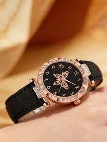 One Black Quartz Watch With PU Leather Strap For Teenagers Paired With Six Flower-Themed Accessory Sets, Suitable For Daily Wear And Holiday Parties. - Black - View 8