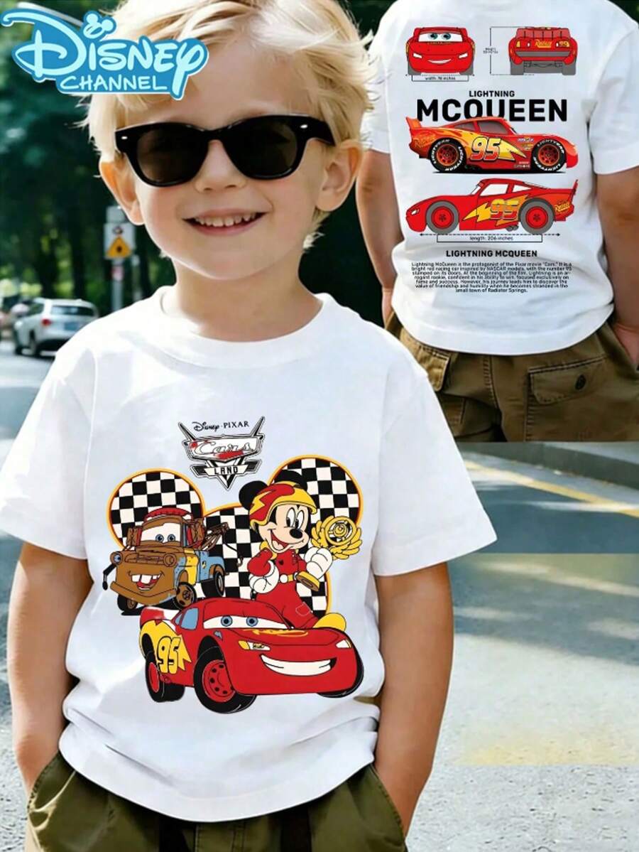 Disney Cars Lightning McQueen & Mickey Mouse Front-Back Double Sided Print KidsWhite Short Sleeve Boys Casual T-Shirt - 白色 - 查看 1