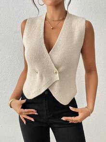 Damen Vintage Strick V-Ausschnitt Pullover Weste, Frühling/Herbst - Aprikosenfarben - Übersicht 1