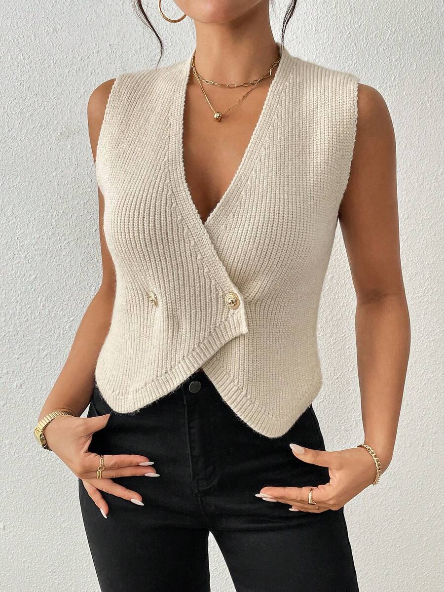 Damen Vintage Strick V-Ausschnitt Pullover Weste, Frühling/Herbst - Aprikosenfarben - Übersicht 1