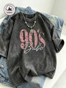 90s Retro Print Women's T-Shirt - Casual Short Sleeve Crew Neck Washed Top, Suitable For All Seasons Black Summer - Black - View 7