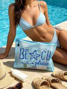 多色防水時尚網格海灘包，附亮面「Beach Please」字樣與海星圖案，大容量透明化妝包、泳池包、便攜耐用盥洗包、文具收納袋、輕量防曬收納包，適合游泳、海灘、潛水及夏季旅行，送給朋友、家人、閨蜜、同學的完美禮物與紀念品，適用於生日、節日、派對、婚禮（伴娘）、教師節、開學季、畢業季 - 彩色 - 查看 3