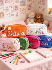 Custom Name Corduroy Pencil Case Striped Pencil Box Large Capacity Handmade Pencil Bag Pink Pencil Box - Multicolor - View 3