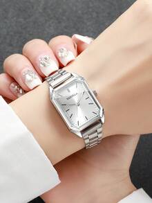 Reloj de cuarzo minimalista de plata para mujer, reloj de pulsera con esfera cuadrada delicada, accesorio versátil regalo para la mejor amiga (1 pieza/set) Caja de reloj no incluida - Plateado - Ver 2