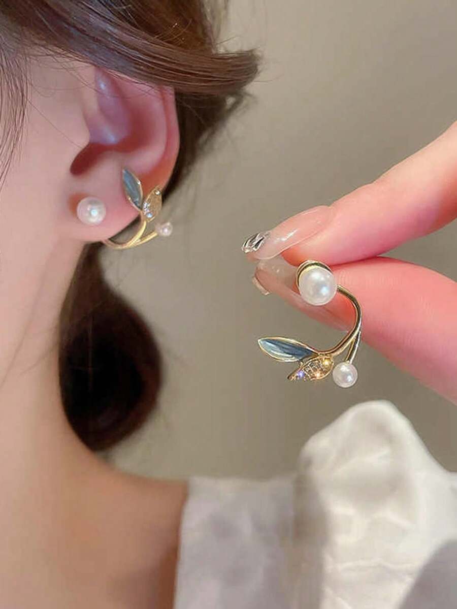 Decorative Jacket For Earrings With Faux Pearl And Leaf Design - Multicolor 2 - View 1
