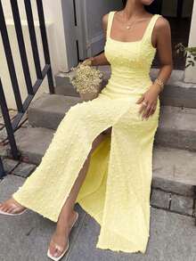 3D Polka Dot Textured Sexy Women's Dress, Summer French Pastoral Elegant Slit Women's Dress Yellow - Yellow - View 2