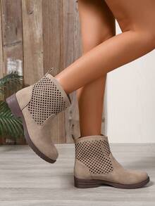 Khaki Hollow Random Asymmetrical Spring/Summer Women's Flat Round Toe Comfortable Casual Versatile Vacation School Commute Daily Fashion Ankle Boots - Khaki - View 3