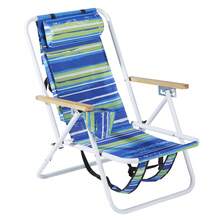Folding Beach Chair Set Of 2 Adults, 4 Position Portable Backpack Foldable Camping Chair With Headrest Cup Holder And Wooden Armrests, Blue & Green Stripes - 1 - View 6