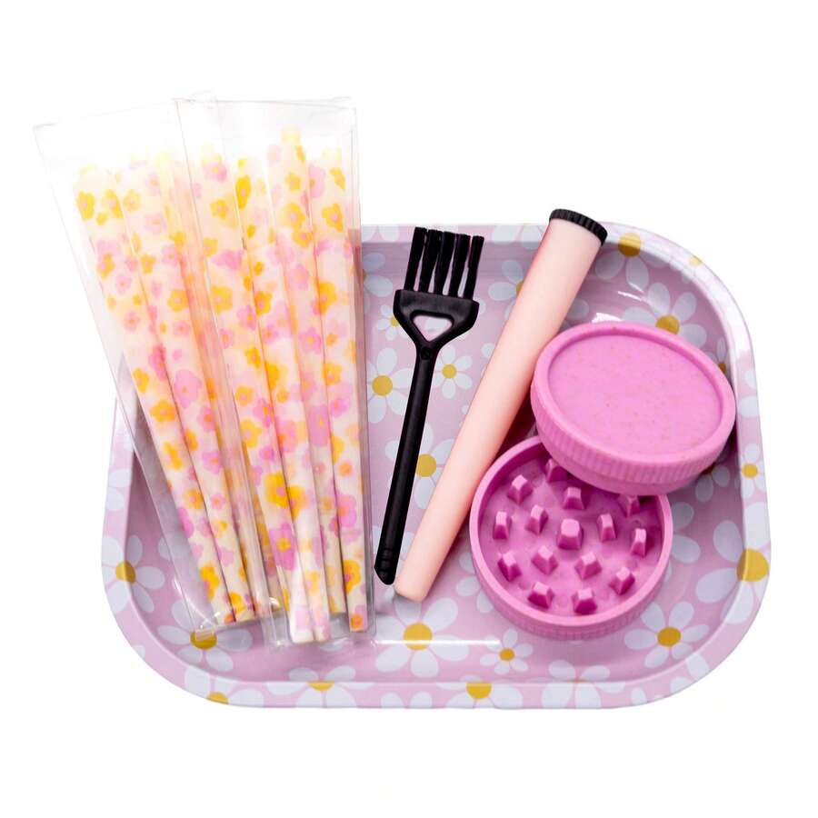 Cute Pink Floral Rolling Tray Set, Smoking Accessories Kit With Grinder, Funnel &16Pcs Pre-Cones, Aesthetic Portable Storage Organizer For Smokers - 查看 1