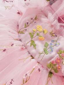 女嬰刺繡花瓣袖鏤空背網紗公主裙，適合女孩生日派對、花童婚禮、重要場合、節日慶祝禮服 - 淺粉色 - 查看 5