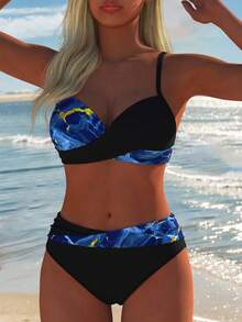 Women's Sexy Bikini Set, Spaghetti Strap Top With Black Abstract Marble Print Bottom, New Holiday Summer Beach Vacation Outfit - Multicolor - View 5