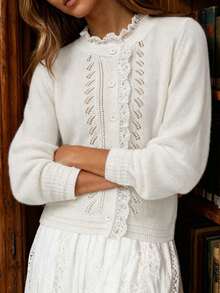Women's Elegant Lace Patchwork Collar Knitted Cardigan, Suitable For Daily Commute, Casual And Holiday Wear, Autumn/Winter - Cream - View 5