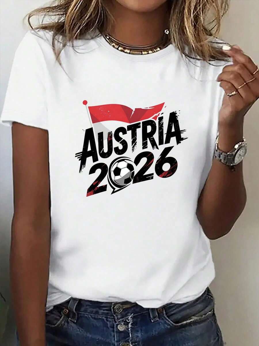Women's Lightweight And Breathable One-Piece Cotton T-Shirt With A Round Neck And Print, Part Of The US, Mexico, And Canada Clothing Series, Fan Support Style, C-Shirt - 白色 - 查看 1
