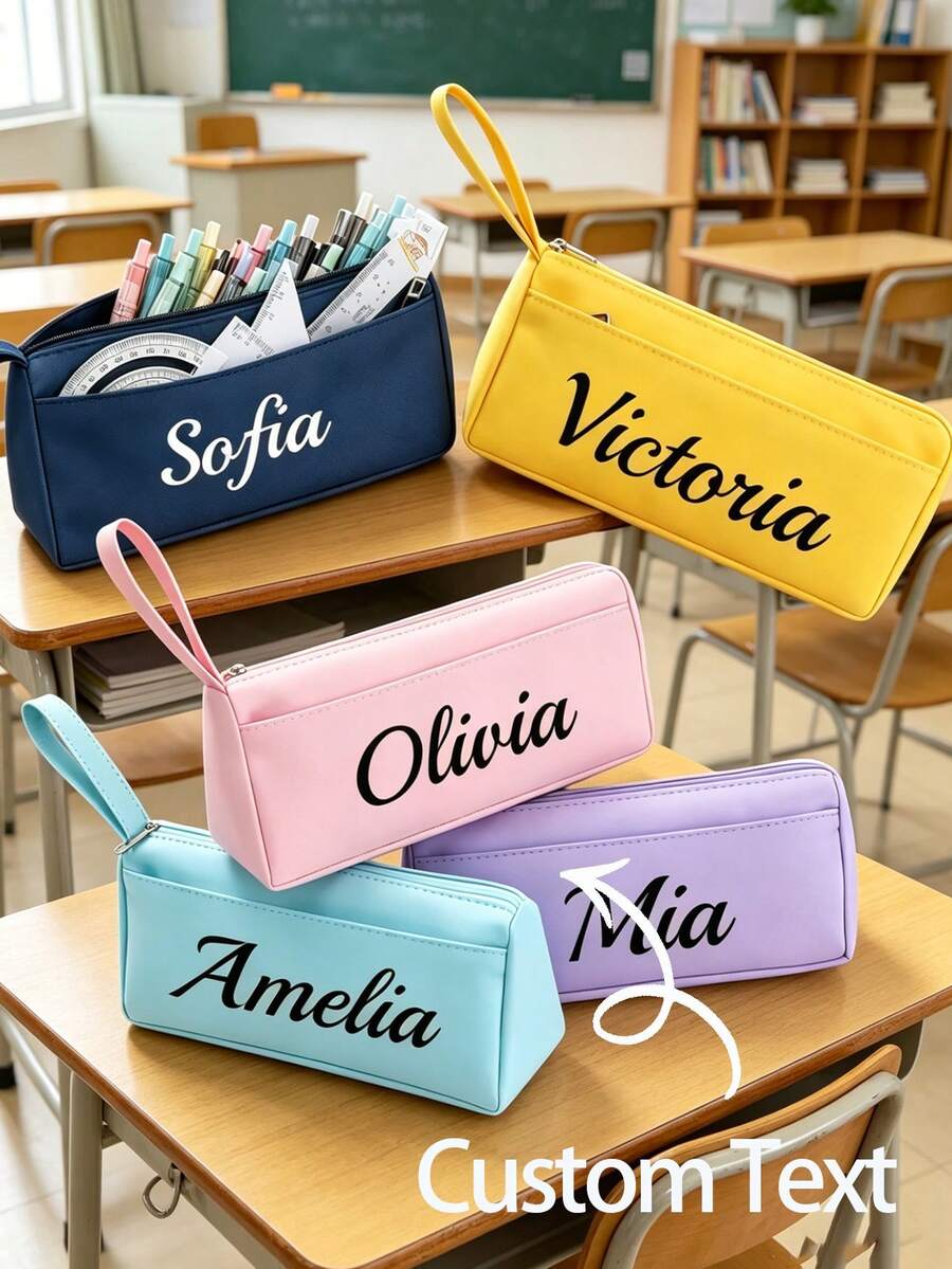 Initial Letter Text Pencil Case, Suitable For Office Customized Handle Label, Student Storage Bag With Handle, Compact Pencil Holder Box, Fashionable Name Tag,Back To School Season - Multicolor - View 1