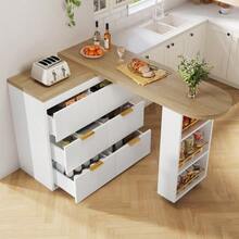 Bar Table/High Table With 6 Drawers, Kitchen Sideboard/Display Cabinet With Anti-Tip Device, 360° Swivel Multifunctional Table That Can Be Used As A Dining Table, Bar Or Desk For The Living Room, Kitchen Or Restaurant. - 白色 - 查看 3