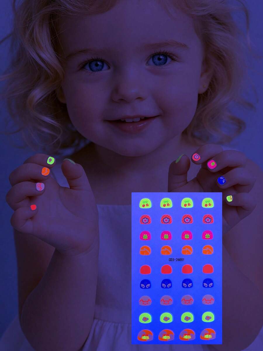 1 pieza Pegatinas de arte de uñas fluorescentes con patrón divertido, diseño de color macaron, crea fácilmente un estilo de arte de uñas fresco y dulce para niños, adecuado para cumpleaños, fiesta de graduación, uso diario y otras ocasiones