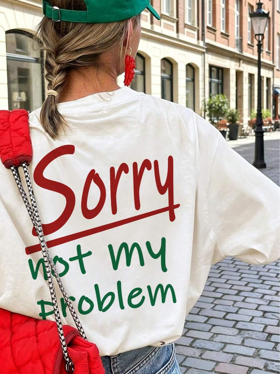 女款夏季 Sorry Not My Problem 紅字背印寬鬆 T-shirt Y2K 口號大尺寸上衣,適合街頭漫步、派對、約會休閒,白色 - 白色 - 查看 1