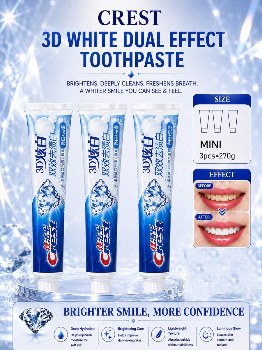 CREST Gleam White Dual Action Toothpaste Sample 170g, 3pcs Lime Fresh Scent, Stain Removal & Whitening, Deep Cleaning, Long-Lasting Freshness, Daily Oral Care - 3D炫白雙效去漬白牙膏** - 查看 1