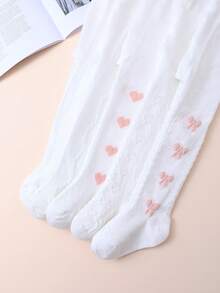 5 Pairs Sweet Cute Heart And Bow Jacquard Mesh White Tights For Baby Girls, Spring/Summer, Daily Versatile, Suitable For Back To School Season - White - View 5