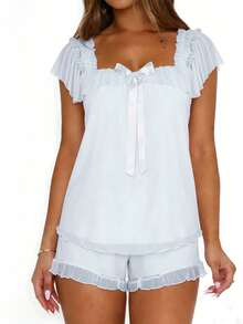 Square Neck Bow Ruffle 2 Piece Sleep Set For Women, Mesh Layer Trim Cami Top  Short, Coquette Soft Lightweight Loungewear Night Wear - Light Blue - View 5