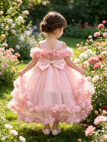 Falda esponjosa de lujo para niños, vestido floral con hombros descubiertos, vestido con cola para fiesta de cumpleaños de niña - Rosa - Ver 2