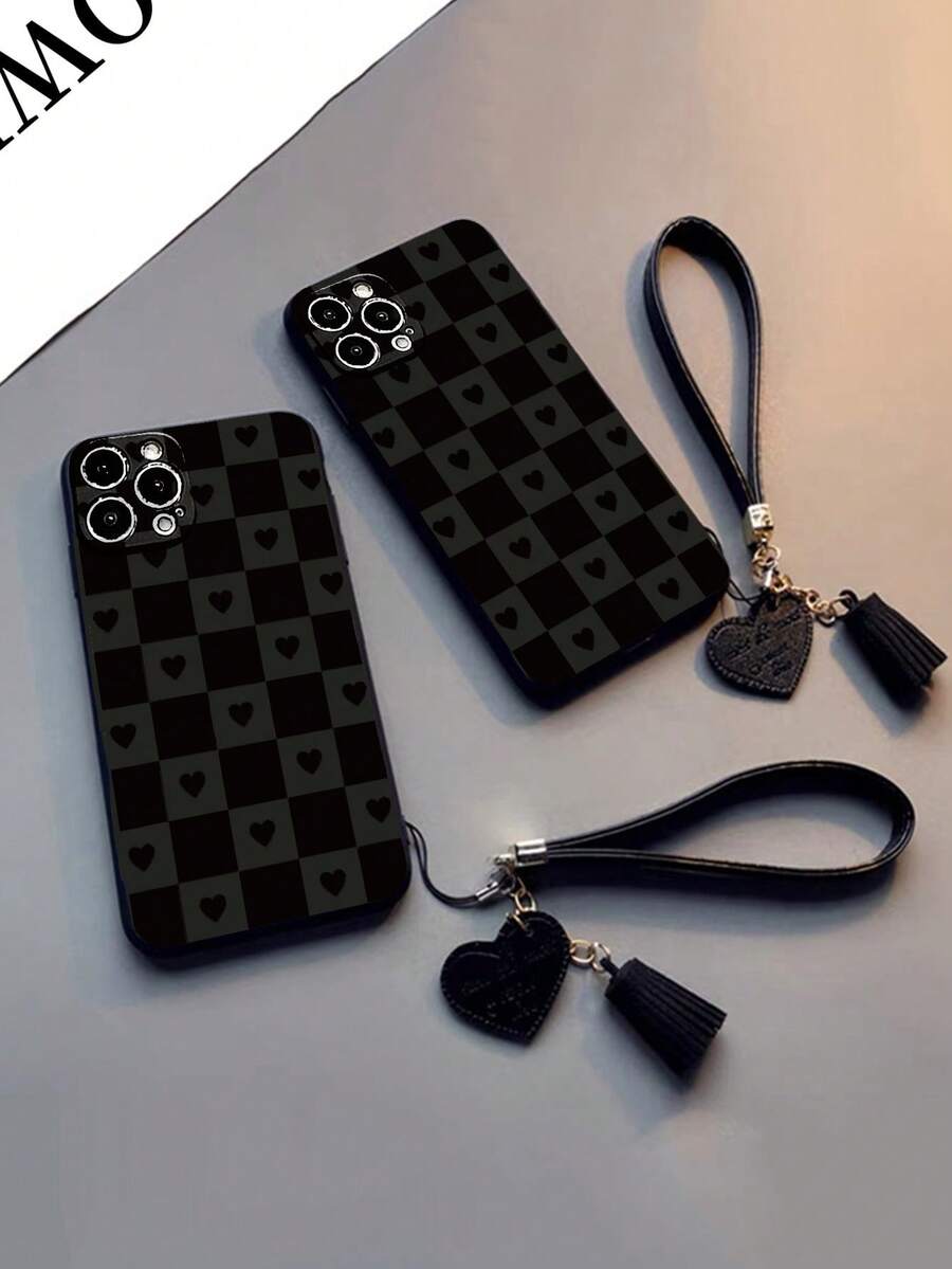1pc Precision Hole Straight Edge Heart Painted Thickened Anti-Drop Painted Phone Case Protective Cover With Additional Accessories New Leather Heart Hand Strap DIY Phone Case Pendant Leather Strap Tassel Charm Short Wrist Strap Compatible With IPhone 17pro/17Air/17/17promax 16/11/16pro/16plus/16promax/16e/15Promax/13/14/12/XS/XR/7G/8P, Compatible With Samsung Galaxy - Multicolor - View 1