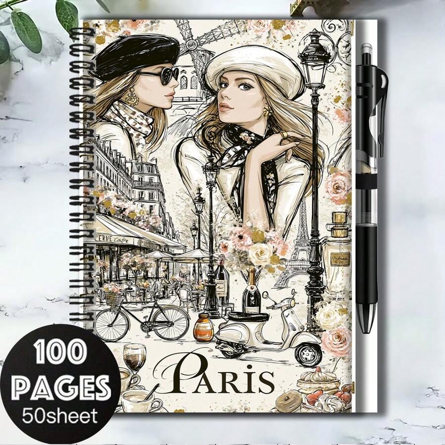 1 Set French Romantic Style 2D Cover Spiral Coil Notebook Set, Includes Exquisite Pen. 100 Pages Writing Space, High-Quality Paper. Cover Features Paris Scene And Fashionable Woman, Showcasing Elegant Style. Suitable For Back To School, Work, Study, Also A Thoughtful Gift For Graduation, Birthday, Can Be Used As Diary, Daily Planner, Memo, Recording Every Beautiful Moment. - E - View 1
