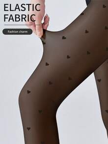 Heart-Shaped Flocked Black Thermal-Lined Tights, Warm And Slimming, Autumn/Winter Preppy Style Skirt Matching Base Stockings - Black - View 2