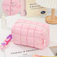 Quilted Toiletry Bag In Macaron Tones, With Woven Handle. Foldable, Spacious, Durable Polyester. - 紅色 - 查看 3