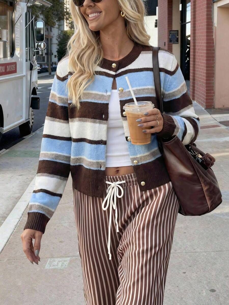 FOR BEAUTY Summer Fall Winter Women Casual Elegant Cardigans Blue Brown Striped Y2K Long Sleeve Button Down Knit Suitable For Vacation, Party & Work