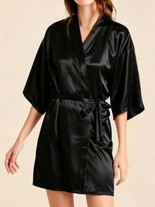 1pc Women's Personalized Kimono Robe With Custom Text And Black Heart Print, Bridal Party Sleepwear Bathrobe - Multicolor - View 7