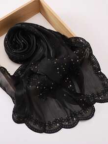 Spring/Summer Elegant Exquisite Wavy Petal Embroidered Edge 3D Floral Embroidery Modest Solid Color Embroidered Lace Organza Sequin Embroidery Headscarf Flower Hijab Shawl For Abaya - Multicolor - View 6