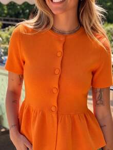 Women's Orange Knitted Short Sleeve Cardigan, Round Neck, Ruffle Hem, Medium Stretch, Lightweight And Breathable, Suitable For Spring And Summer - Orange - View 8