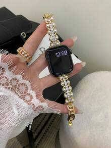 MAPUCE 1PC Luxurious Exquisite Double Row Pearl & Rhinestone Metal Watch Band, Compatible With Apple Watch 38/40/41/42/44/45/46/49mm, Suitable For Apple Watch Series Ultra/SE/11/10/9/8/7/6/5/4/3/2/1, Adjustable Length, Double Row Pearl With Rhinestone Inlay Design, High-End Exquisite, A Fashionable Accessory Watch Band Suitable For Women - Gold - View 6