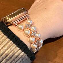 Pulsera de joyería con cuentas - Pulsera de perlas y diamantes de doble hilera + circonita cúbica de doble hilera compatible con Apple Watch 38 mm 40 mm 41 mm 42 mm 44 mm 45 mm 46 mm 49 mm S10/11-42 mm - Correa elástica para mujer - Diseño sencillo, elegante, moderno y brillante de perlas y diamantes - Cuerda cómoda, ligera y duradera - Se adapta a muñecas de 14 a 16 cm de circunferencia - Accesorio de correa de repuesto - 45mm - Ver 5