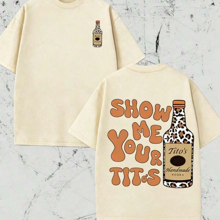 Men Tops Graphic Tee ShirtVintage Style, Vodka Enthusiast, Leopard Print Elements, SHOW ME YOU TITOS Humorous Text Memes, Washed Double-Sided - 杏色 - 查看 1