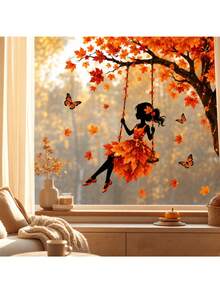 Autumn Window Stickers, Autumn Maple Leaf Swing Silhouette Window Stickers, Removable Static Cling Decals With Butterflies, Suitable For Thanksgiving, Halloween, Home Glass Decoration, Aesthetic Autumn Decor - Multicolor - View 6