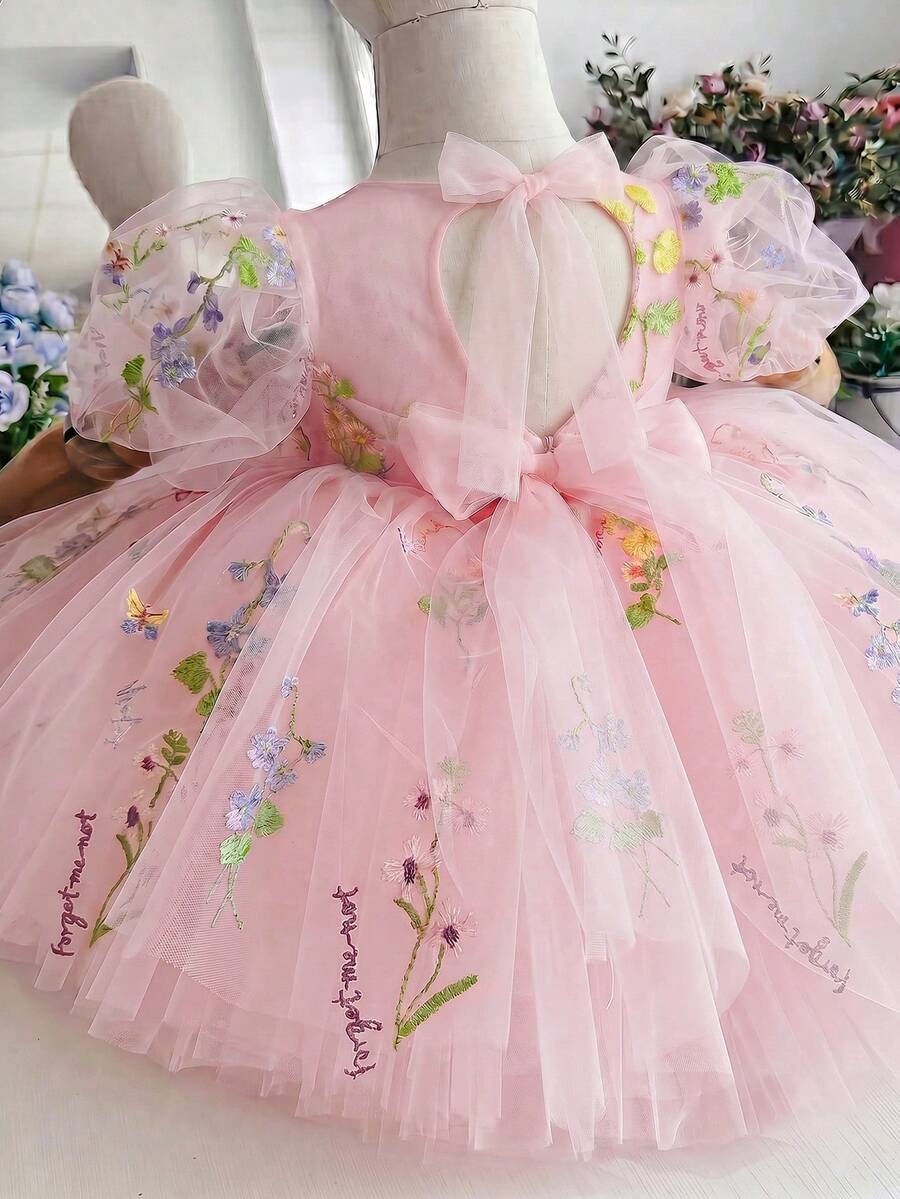 女嬰刺繡花瓣袖鏤空背網紗公主裙，適合女孩生日派對、花童婚禮、重要場合、節日慶祝禮服 - 淺粉色 - 查看 1