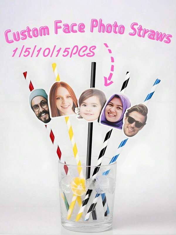 1/5/10/15pcs Personalized Face Straws - Customized Hollow Photo Face, Comes With Straw And Fixing Piece For Easy Installation - Suitable For Bachelorette Party, Bachelor Party, Birthday, Multi-Functional, Decorative, Anti-Mold, Reusable, Easy To Clean, Cute