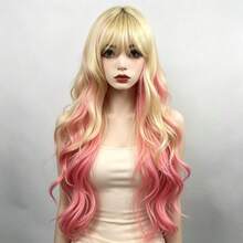 女性長款 Cosplay 假髮－粉金多色動漫角色扮演髮，耐熱易造型，附髮帽，適合日常配戴與漫展 - 彩色 - 查看 6
