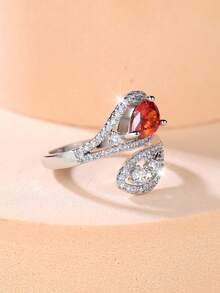 1 Elegant And Stylish Teardrop-Shaped Red Zirconia Open-Band Ring With Full Diamond Setting-Perfect For Banquets Parties Dances Birthdays And Holidays - Silver+Red - View 4