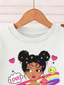 Fashion Remaja Perempuan: Sweatshirt Lengan Panjang Leher Bulat Motif Kartun Warna Pink dan Celana Jogger Pinggang Elastis - Putih - View 3