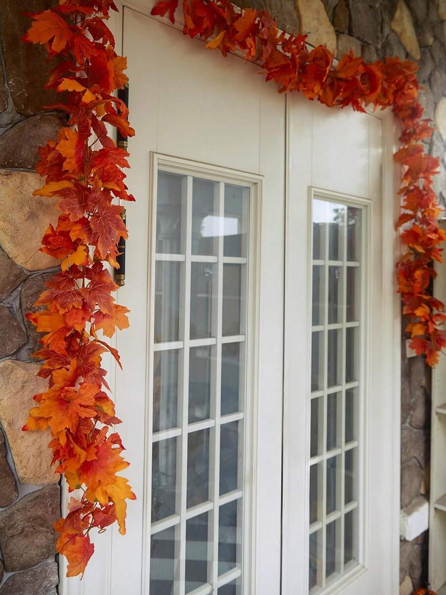 1pc Autumn Wreath, 5.9ft Artificial Maple Leaf Autumn Garland, Artificial Hanging Leaves, Suitable For Fireplace, Tabletop Decor, Home Front Door, Outdoor Indoor Thanksgiving Autumn Decoration - Multicolor - View 1