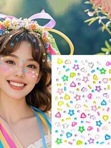 2/1片多巴胺全臉貼紙，包含多色、愛心、星星、圓點圖案，適用於派對、音樂節、角色扮演、演唱會造型及臉部亮片裝飾 - 彩色 - 查看 5