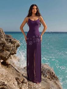 New Heavy Work Sexy Women's Pink 3D Floral Rhinestone Decor Off-Shoulder Backless Tassel Evening Gown, Wedding Party Banquet Dress - Dark Purple - View 2
