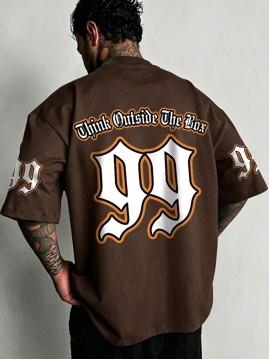 Men's Casual Slogan Letter Printed Round Neck Short Sleeve T-Shirt, Summer - Coffee Brown - View 1