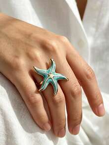 Fashion Mermaid Style Starfish French Vintage Ocean Aesthetic Sculptural Jewelry, Vibrant Colorful Vacation Style Open Ring, Premium Vacation Accessory - Starfish - View 4