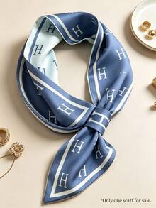 Moemton Neutral Blue H Logo Silk Scarf, Minimalist Border Neck Scarf, Understated Scandinavian Style Accessory - Blue - View 5